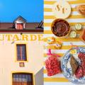 The front of the Moutardes Fallot building, and a table with mustard, bread, cheese, pralines and a chocolat cake.